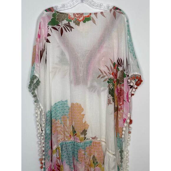 Z&L Europe Floral Print Airy  100% Cotton Pom-Pom Caftan Swim Cover Up OS - Picture 11 of 16